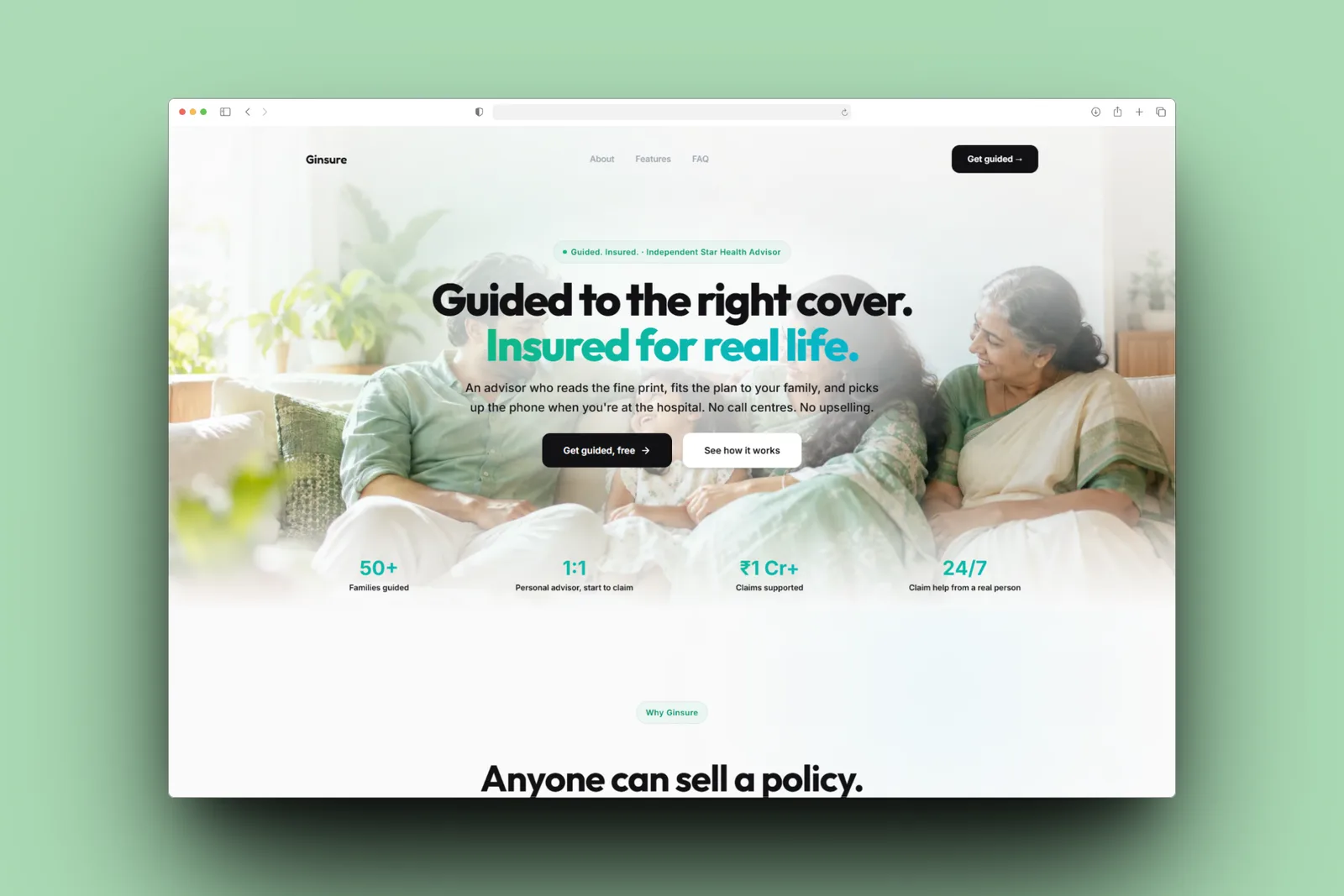 Ginsure homepage with the headline Guided to the right cover