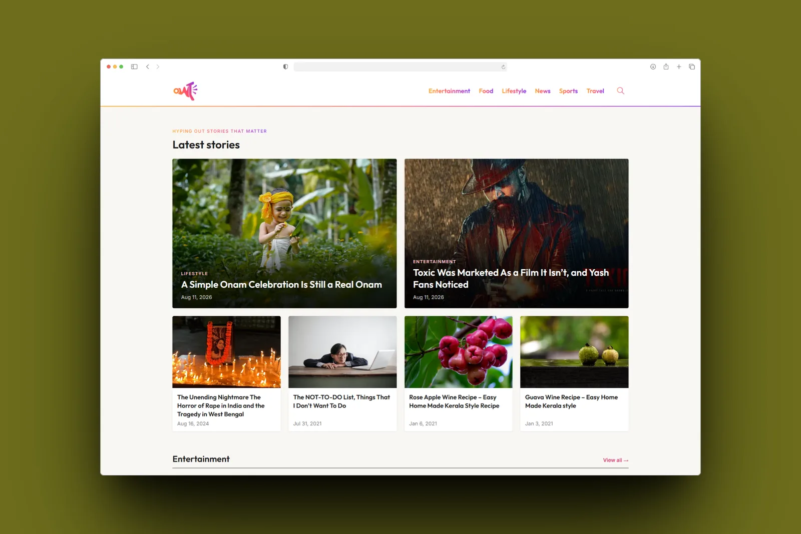 The OWT magazine homepage showing the latest stories grid