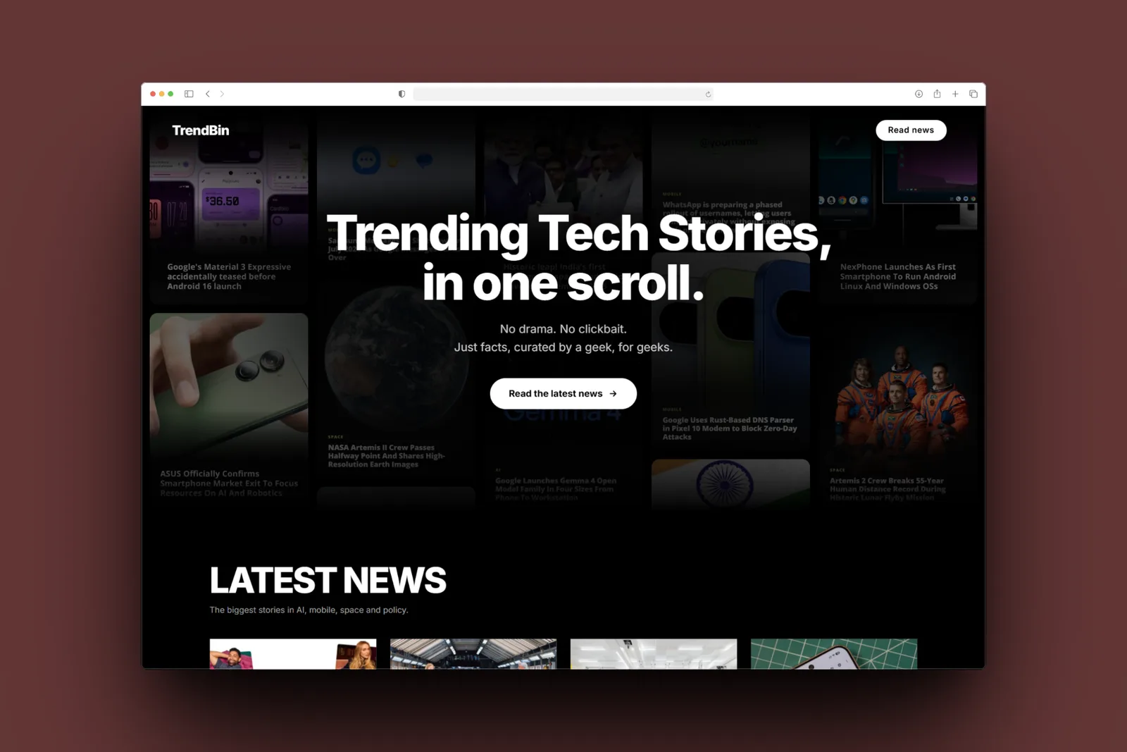 TrendBin homepage with the headline Trending Tech Stories, in one scroll
