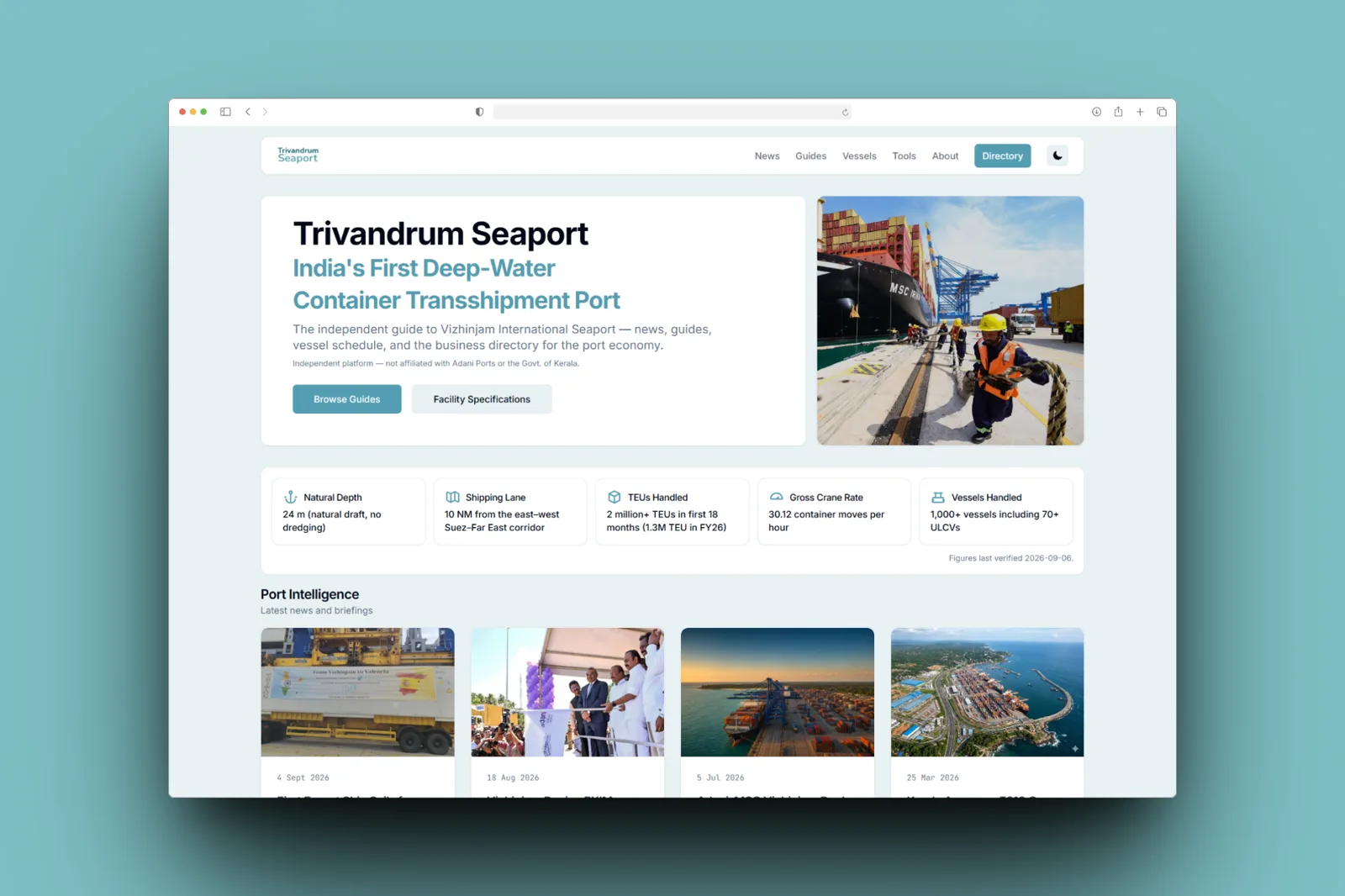 Trivandrum Seaport homepage showing port statistics and latest news